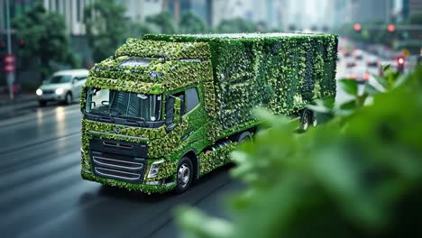 eco-friendly truck covered in green foliage on city road