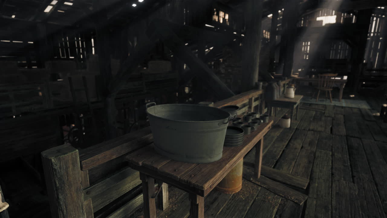 금속 버과 함께 시골의 창고 내부