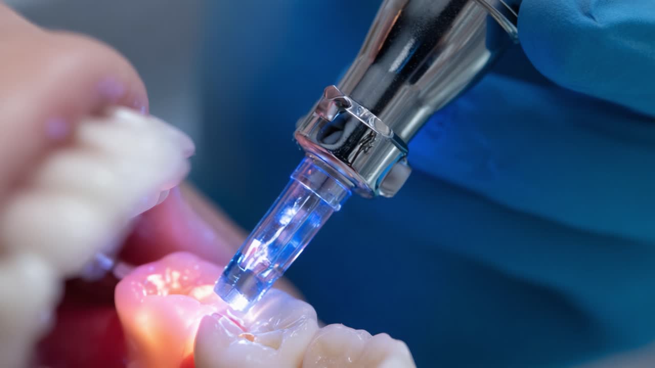 Innovative Dental Treatment Using Laser Technology for Precision Teeth Whitening and Cavity Repair with Blue Light Activation in a Clinical Setting