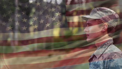 animation of flag of usa over caucasian male soldier saluting