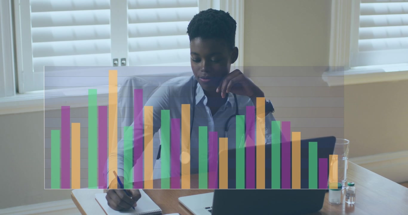 Animation of data processing over african american female doctor taking notes at hospital