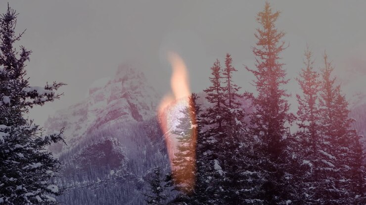 Animazione di fiamma su paesaggio montano innevato con alti alberi sempreverdi