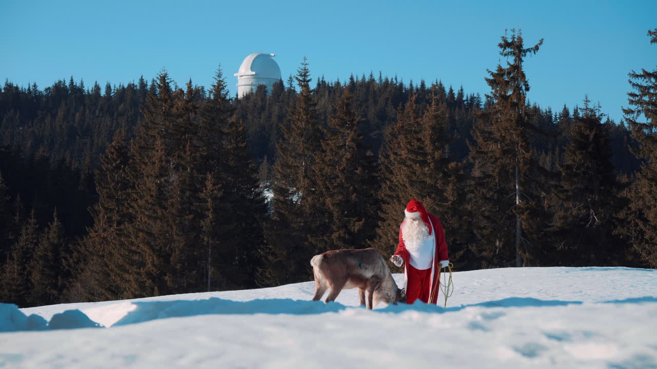 santa claus y uno de sus ciervos están parados en una ladera nevada