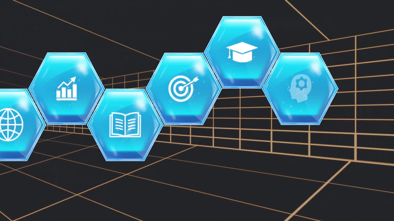 animación de múltiples iconos digitales sobre el túnel en un patrón sin fisuras contra un fondo negro