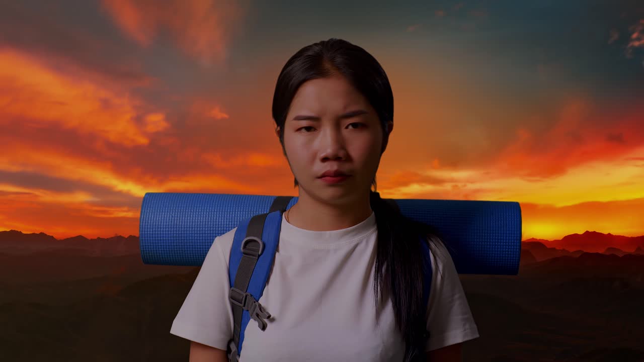 해가 지는 산에서 하이킹하는 여자