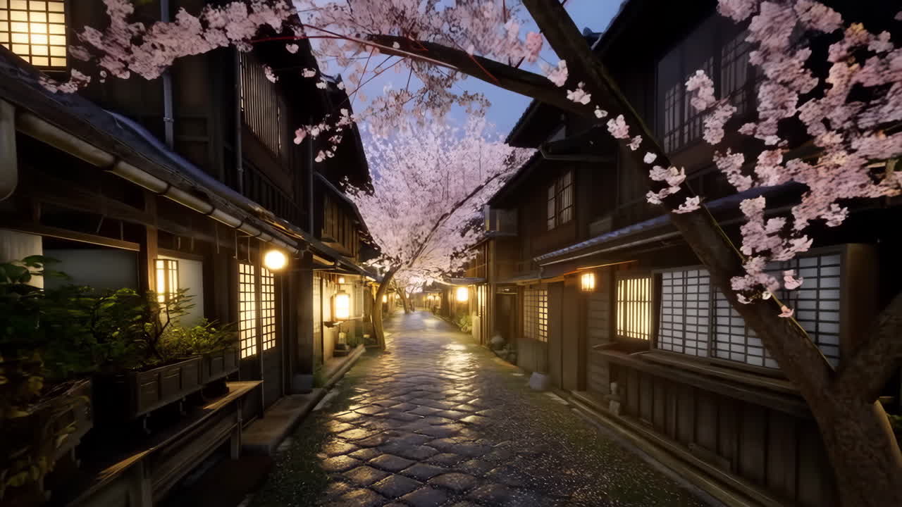 Tranquil Cherry Blossom Street in Traditional Japan at Dusk