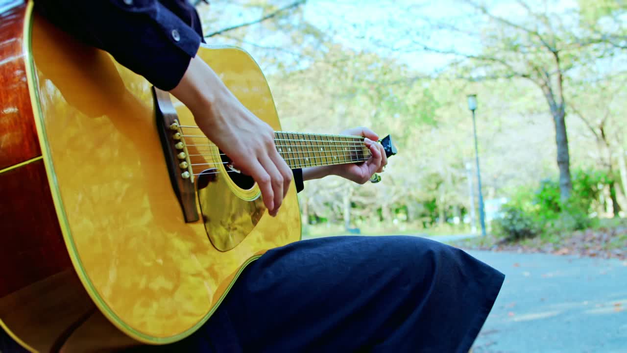 Landscape of acoustic guitar playing in a forest park.