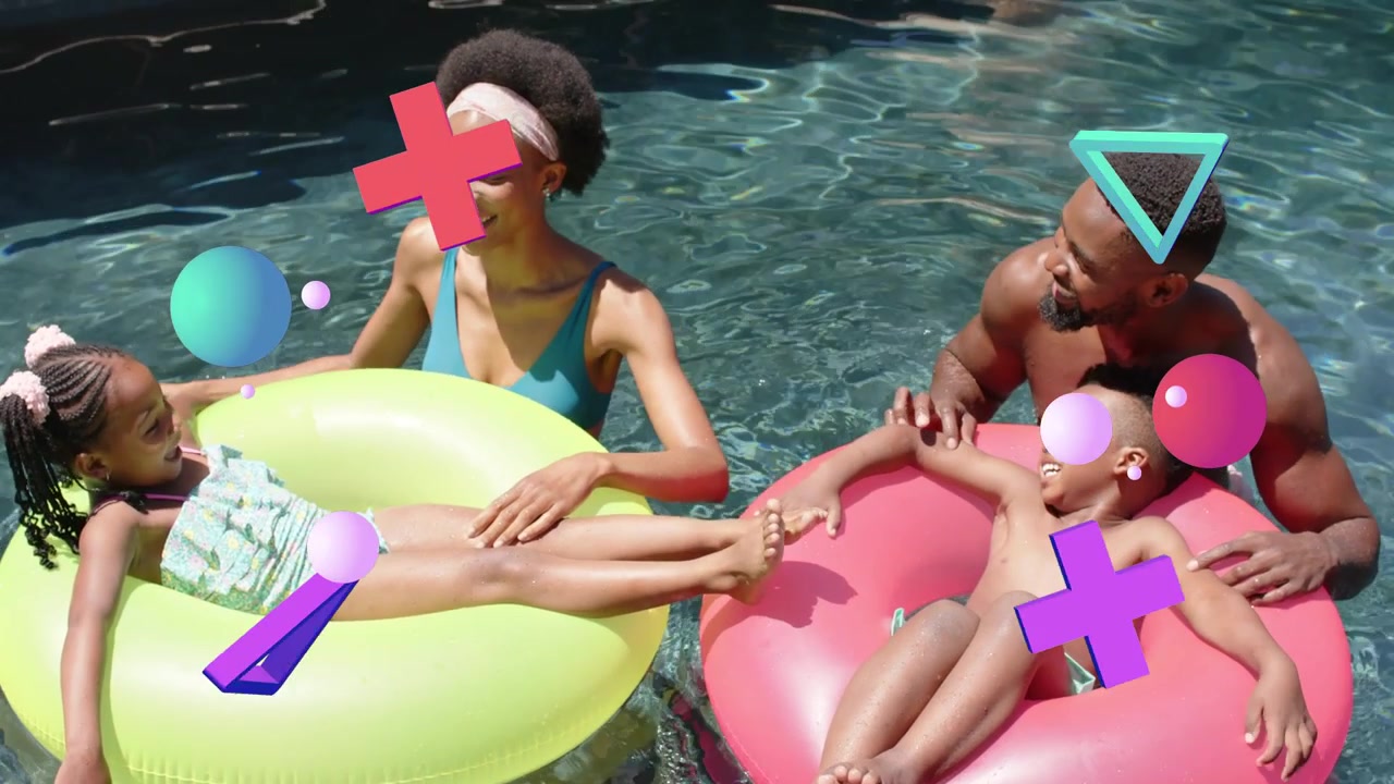 Kids shifting laughing, parents holding yellow pink rings in pool, 3D shapes overlapping leisure