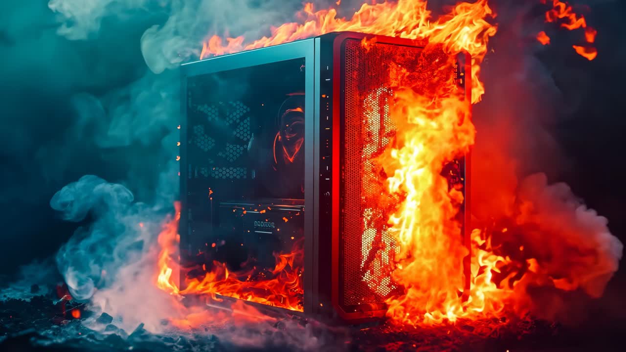 Et computerkabinet i brand med røg der kommer ud af det