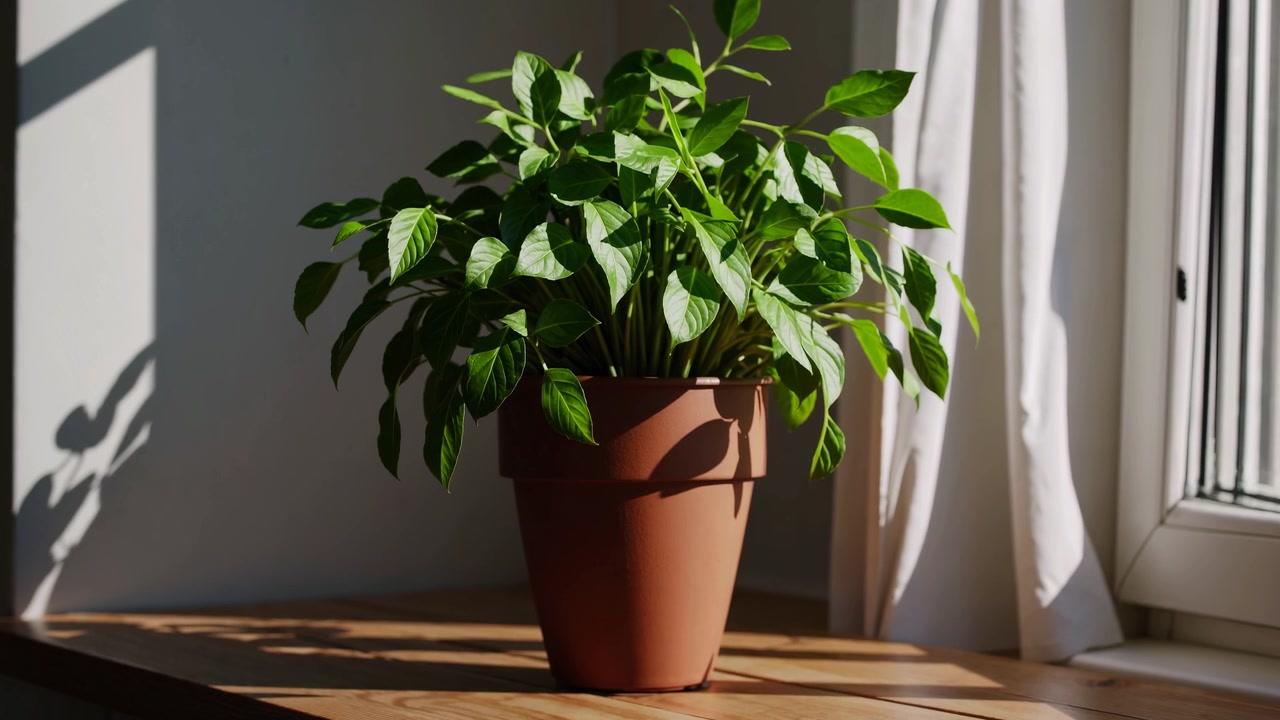 Planta verde en maceta sobre un alféizar de madera bañada por el sol.
