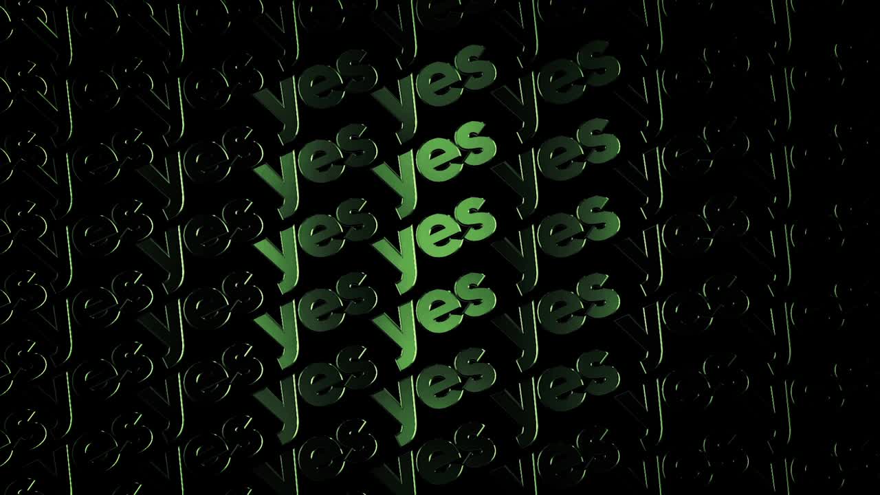 녹색 불빛은 빛나는 텍스트를 형성합니다. 네, 검은 바탕에 흐르고, 긍정적 인 결정 개념. 애니메이션. 전기 스타일의 대문자가 대각선으로 움직이고, 끊임없는 루프입니다.