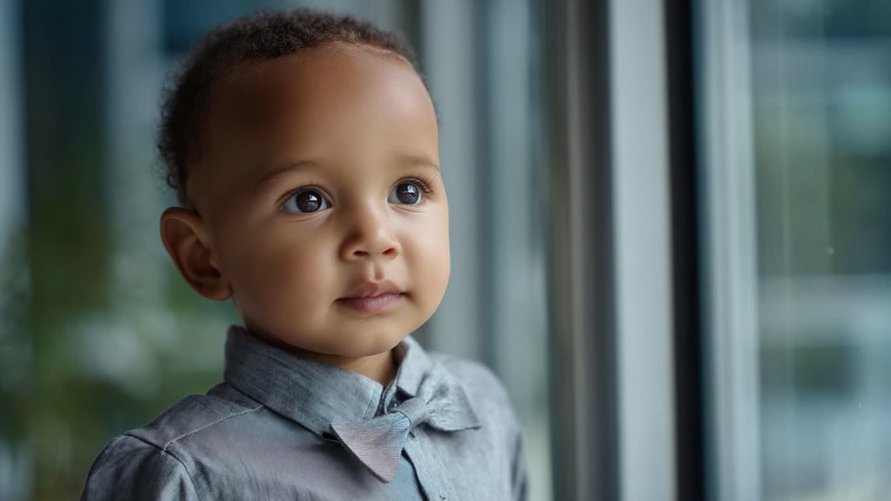 Un bambino pensieroso guarda fuori dalla finestra, con occhi espressivi che riflettono curiosità e meraviglia, vestito con una camicia grigia e un papillon