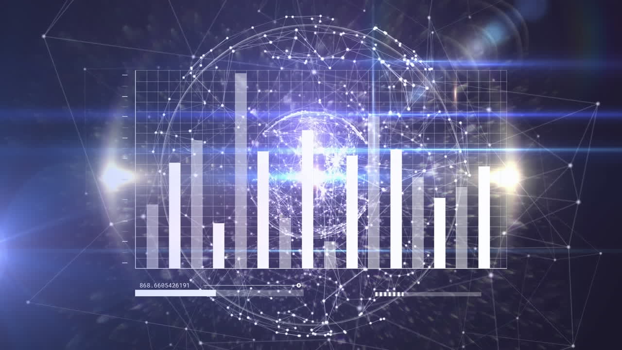 Animation of circles, graph, loading bars over connected dots forming globes on abstract background