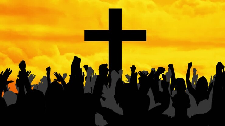Animation of Christian cross over yellow clouds and over people silhouettes