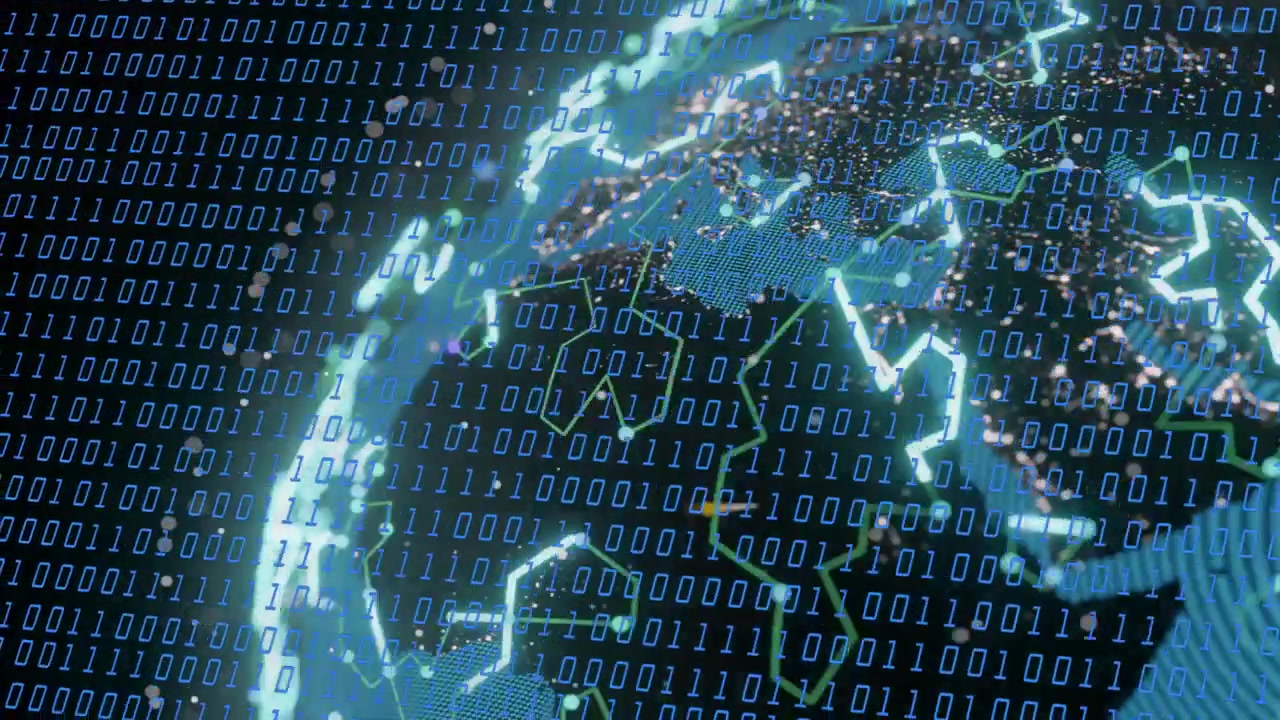 Stylized globe rotating as binary stream starting, ripples expanding showing global data network