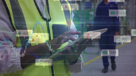 using tablet and phone, person in safety vest with animation of social media icons