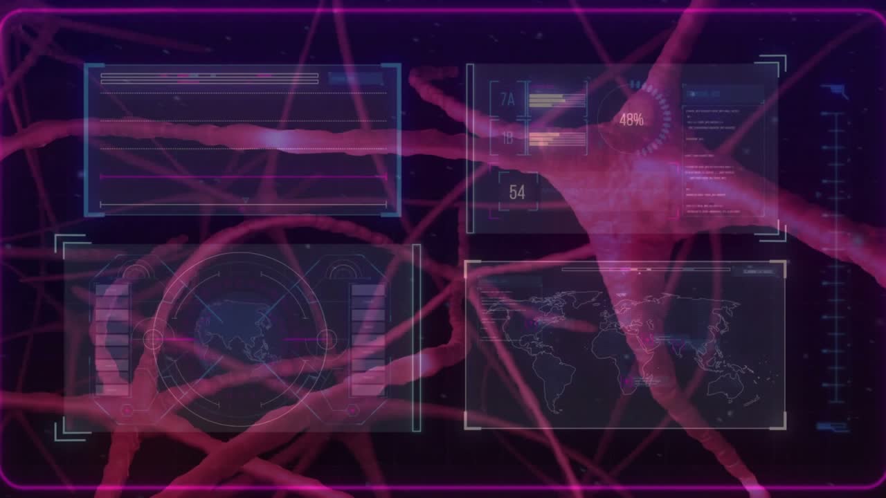 Upon HUD activation, neuron-like branches sliding across panels, updating charts for visualization