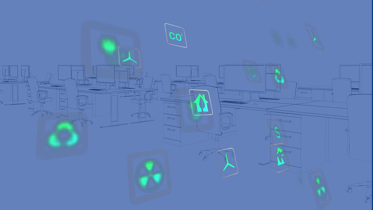 Animation of sustainable energy icons over digital workspace in office
