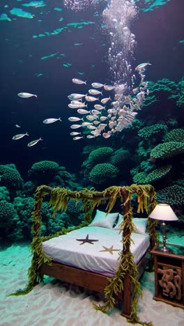 dreamy underwater bedroom featuring swimming fish hovering above coral-lined sandy seabed, blending surreal marine environment with domestic interior