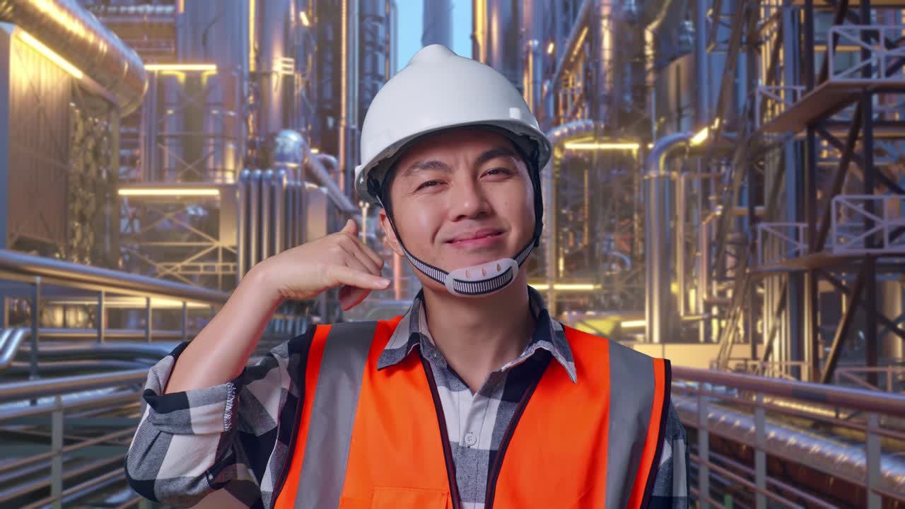 Close Up Of Asian Male Engineer With Safety Helmet Smiling To Camera And Making Call Me Gesture While Standing At A Vast Oil Refinery