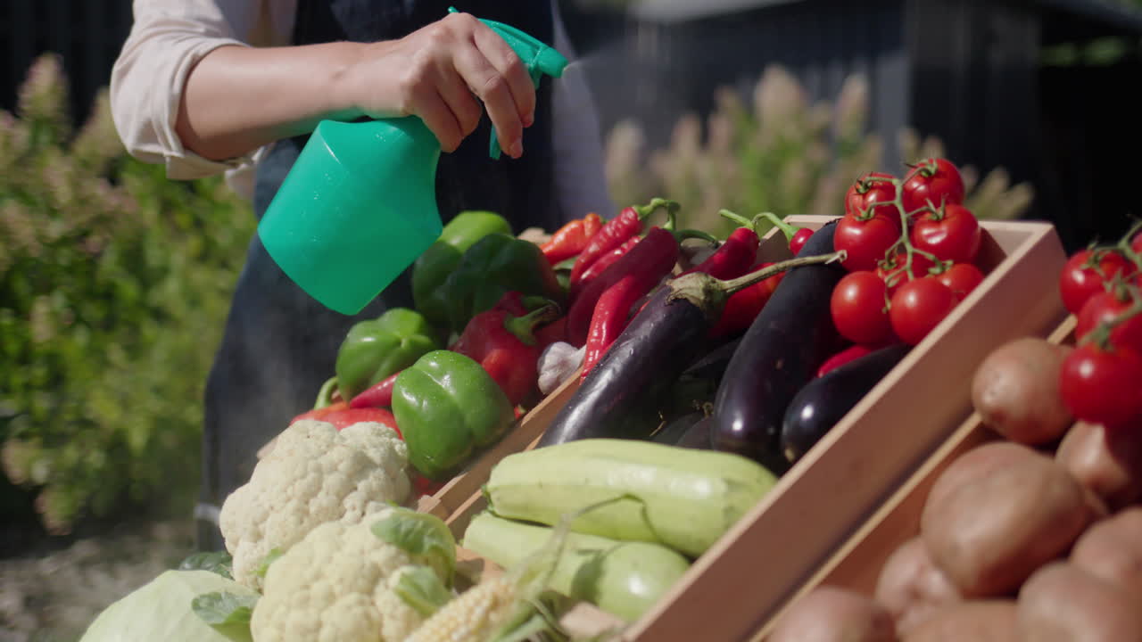 el vendedor salpica las verduras en el mostrador con agua. comercio en el mercado de agricultores