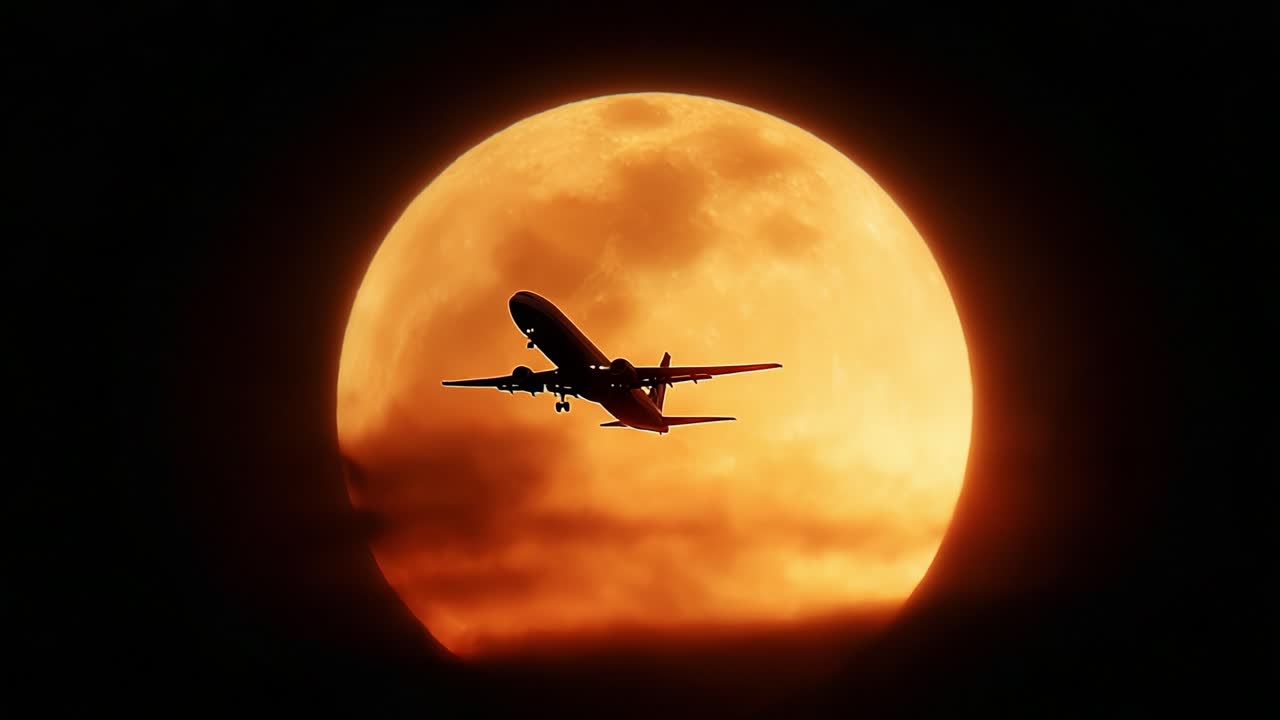 A breathtaking silhouette of an airplane approaching a full moon, showcasing the beauty of aviation against a stunning celestial backdrop illuminated by golden hues