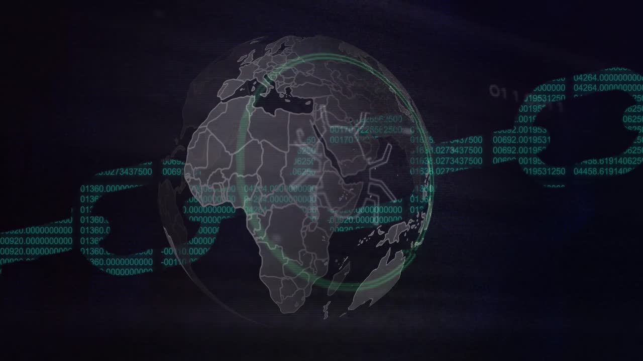 Spinning globe and microprocessor connections over security chain icon against black background