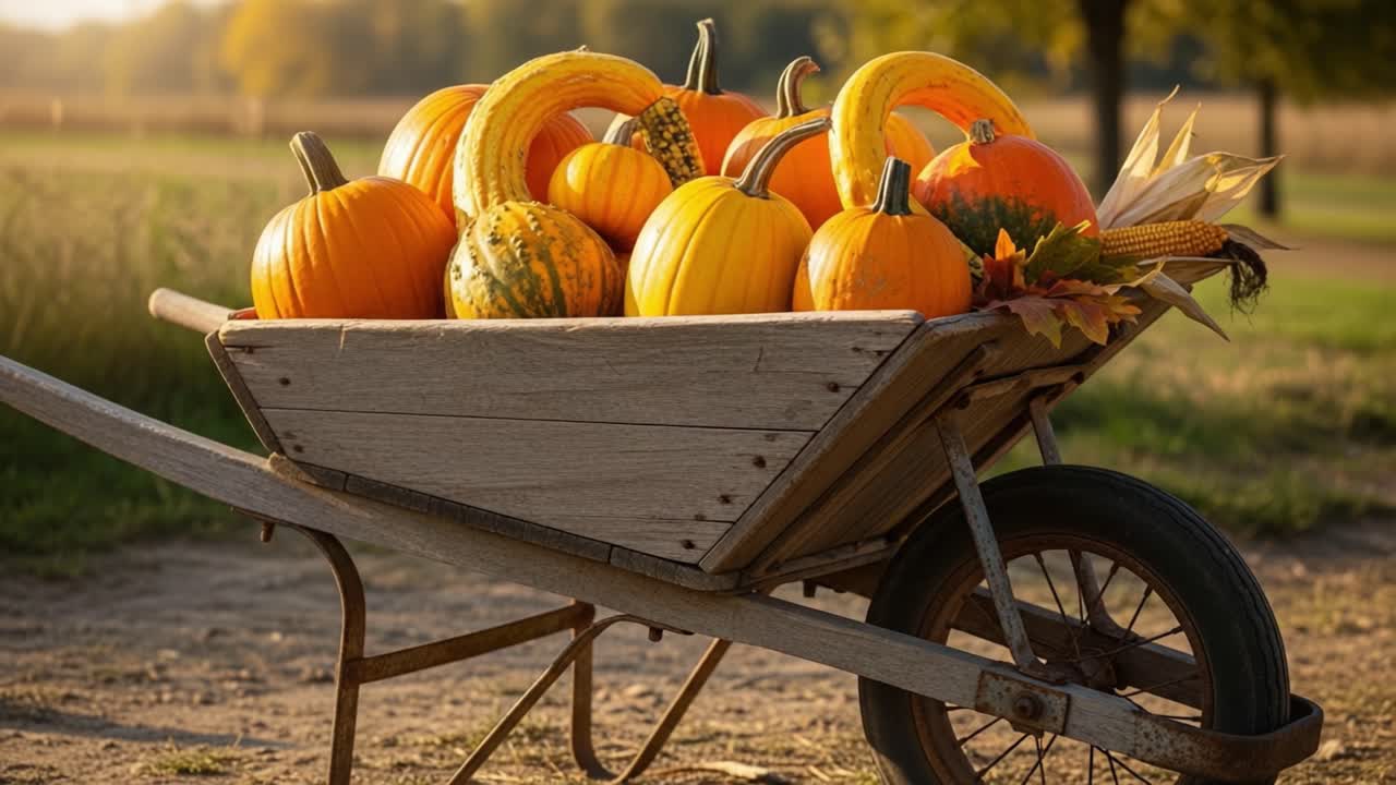 A Charming Display of Autumn Harvest: A Wheelbarrow Overflowing with Colorful Pumpkins and Gourds, Set Against a Scenic Fall Landscape