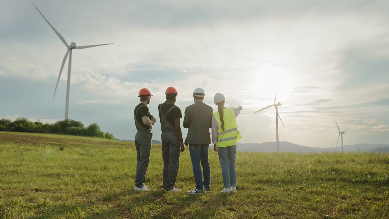 Engineers in hard hats and safety vests stand in grassy field observing wind turbines footage