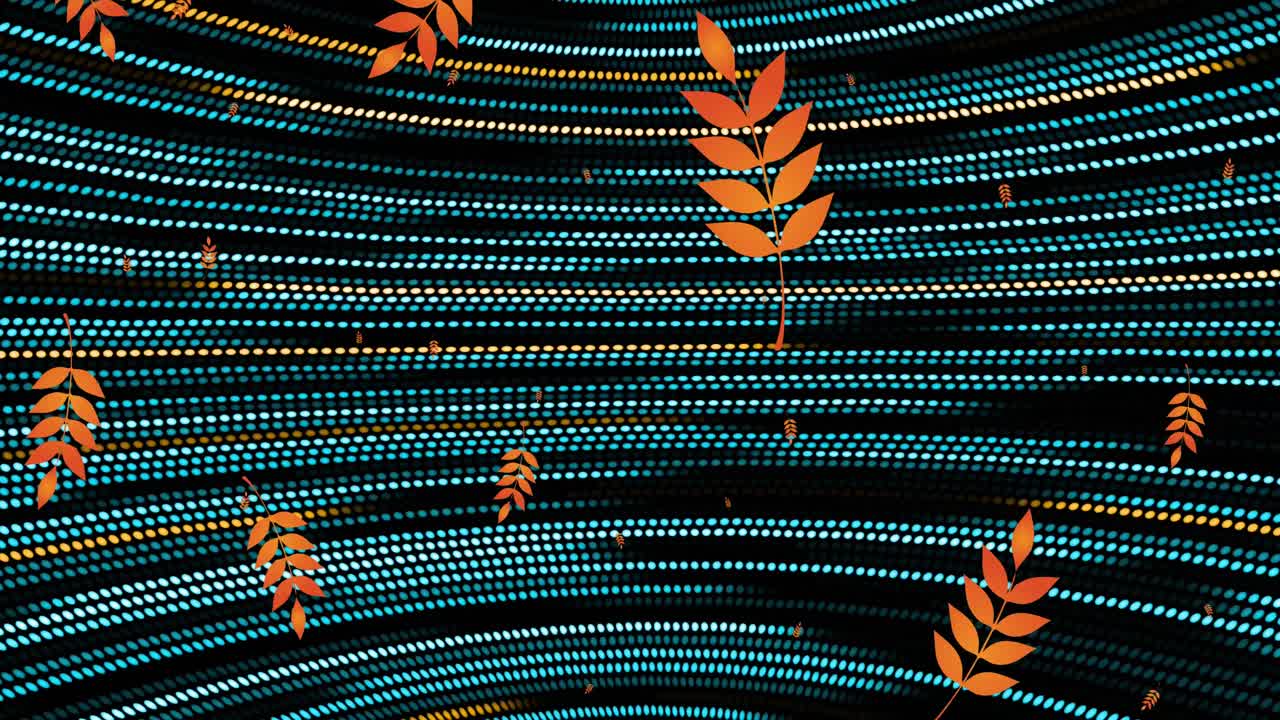 animación de hojas sobre fondo negro con líneas verdes que se mueven rápidamente