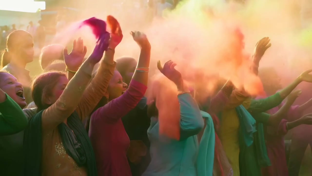 Mængde af kvinder kaster farvepulver, levende Holi-festivalscene med jublende deltagere, hænder