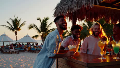 friends enjoying cocktails at a beach bar at sunset