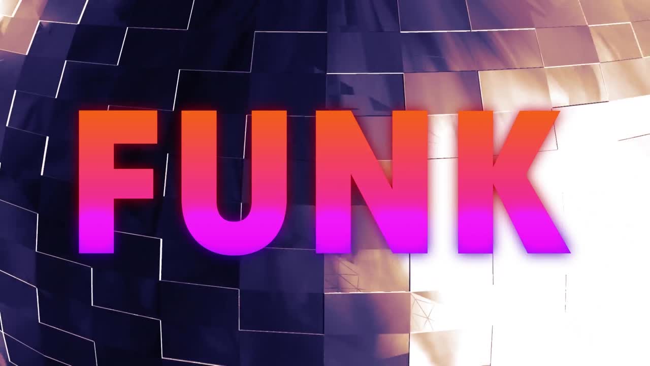 Animation of funk in orange and pink text over rotating mirror ball