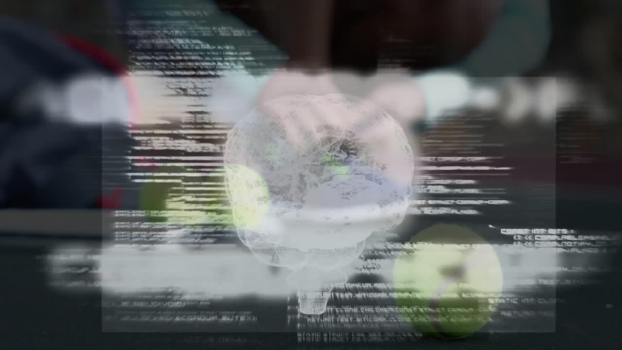 Floating 3D brain model overlaying flowing code lines in tech while tennis ball resting on desk