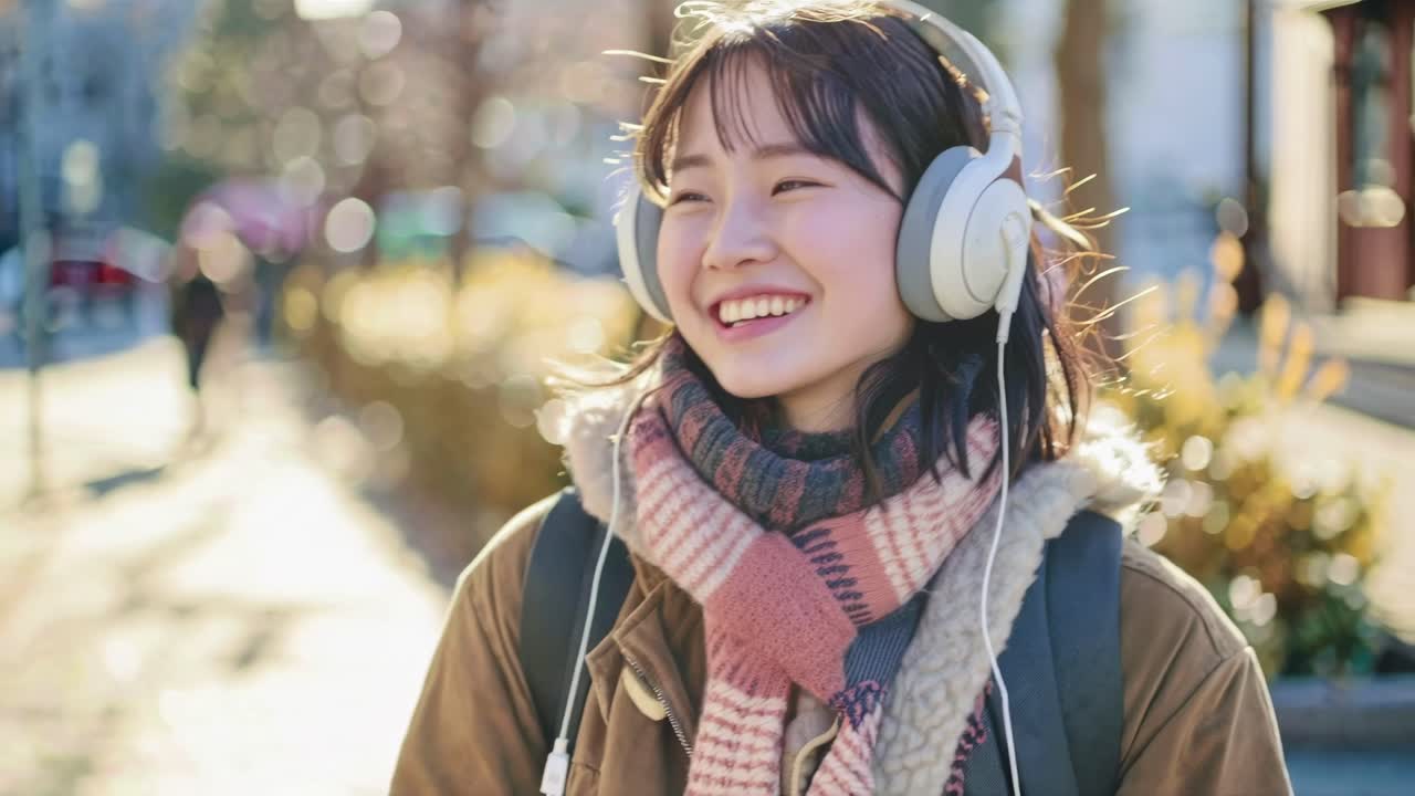A young woman with headphones smiles while walking outdoors. Captured at eye level, the video style