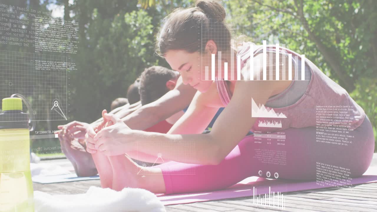 Group unfolding mats on deck and folding forward for fitness with animated data charts emerging