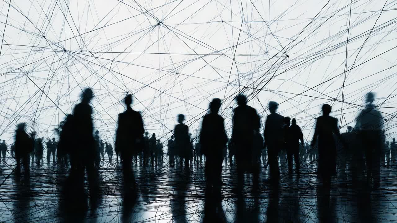 A Surreal Encounter: Silhouettes of People Interwoven with Intricate Lines Connected by an Unseen Force in an Abstract Space of Human Interaction and Connectivity