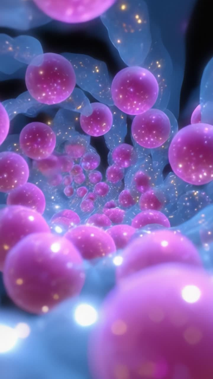 Una spirale ipnotica di sfere vibranti e forme fluide catturata in un universo digitale di profondità mistiche e bellezza eterea in un'esperienza visiva ipnotizzante.