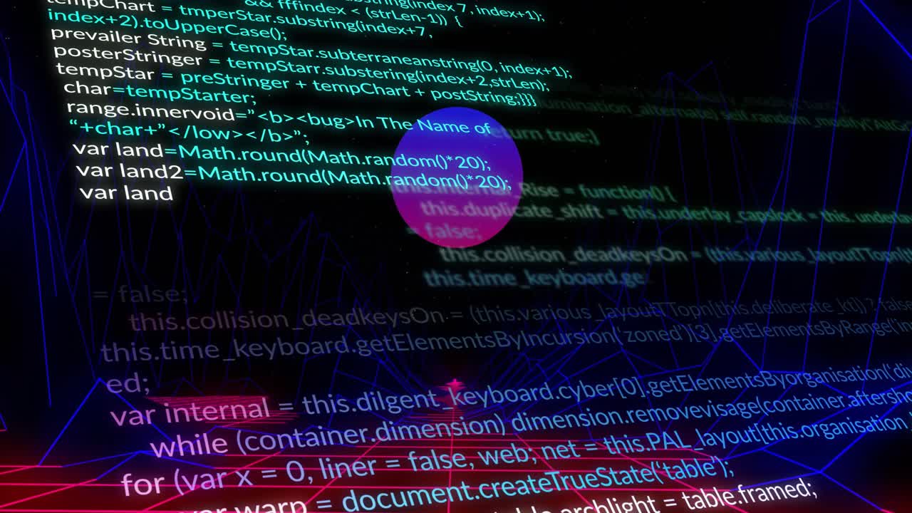 Anfang auf rotem Neongitter, Code verblasst, scrollt, Kugel pulsiert, treibt und visualisiert den Cyberspace.