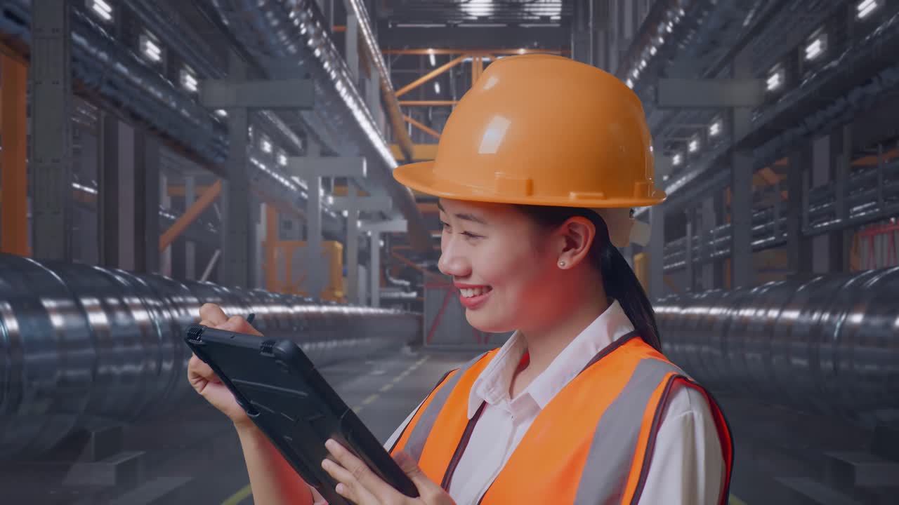 Close Up Side View Of Asian Female Engineer With Safety Helmet Taking Note On The Tablet And Looking Around While Standing With Metal Pipes