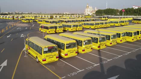 yellow school buses in parking lot, rear aerial shot