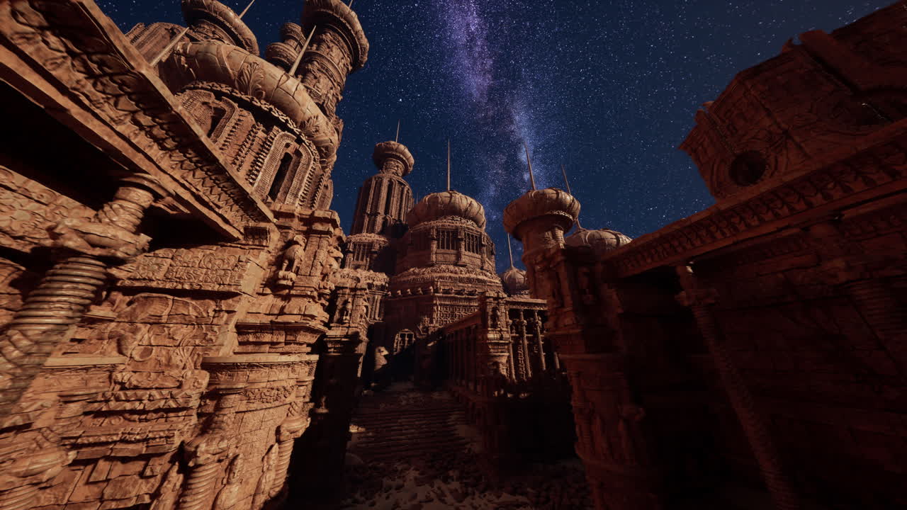 una ciudad de fantasía por la noche con una vista de la vía láctea