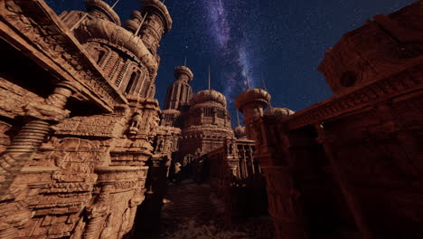 una ciudad de fantasía por la noche con una vista de la vía láctea