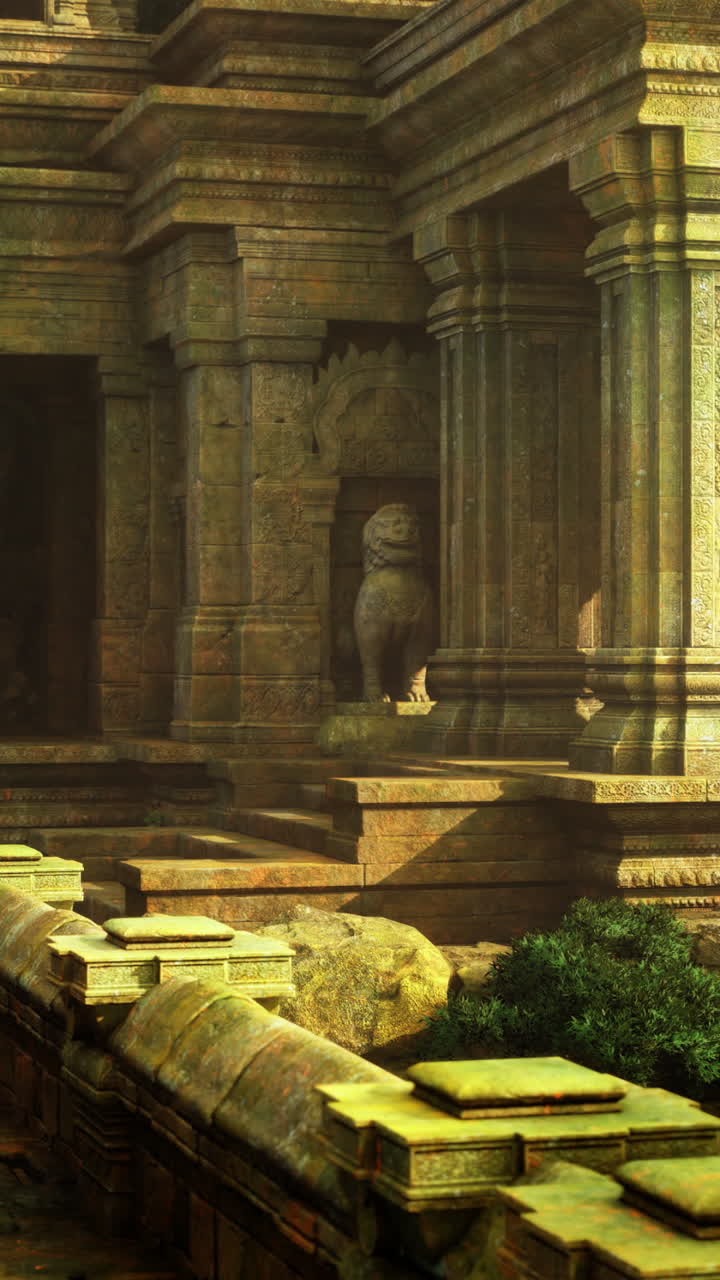 Ancient temple ruins surrounded by lush greenery in a serene landscape