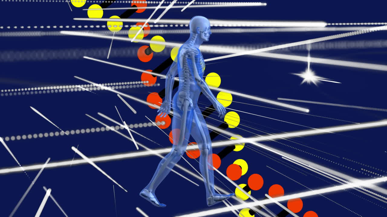 Human skeleton model with colorful circles and lines in dynamic digital animation