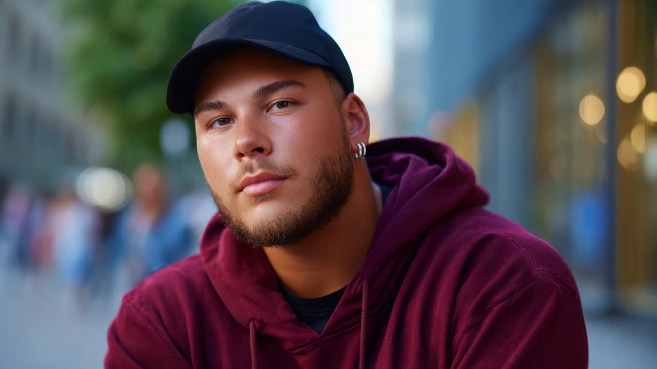 Stylish young man wearing a cap and hoodie, posing confidently on a city street, showcasing a blend of urban fashion, attitude, and a contemplative expression