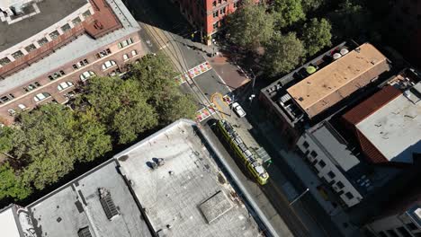 Aerial-view-of-Seattle's-electric-powered-street-car-waiting-at-a-light