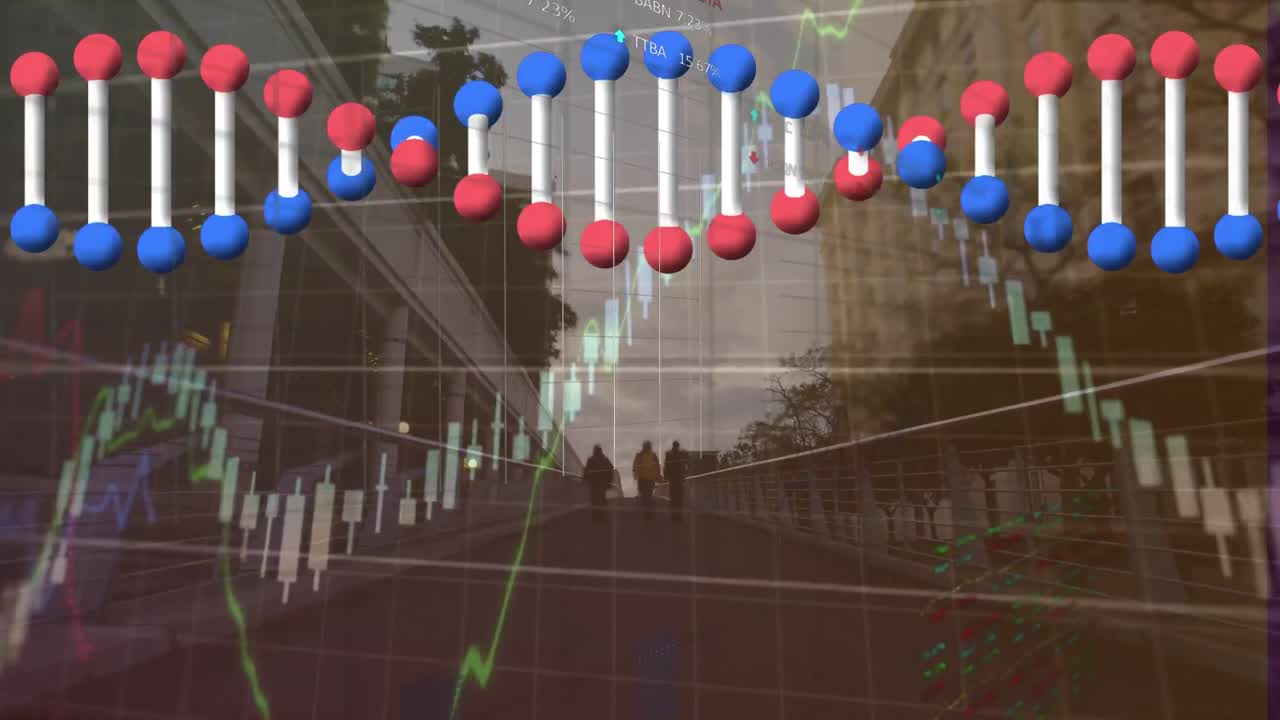animación del procesamiento de datos y cadena de adn sobre molienda