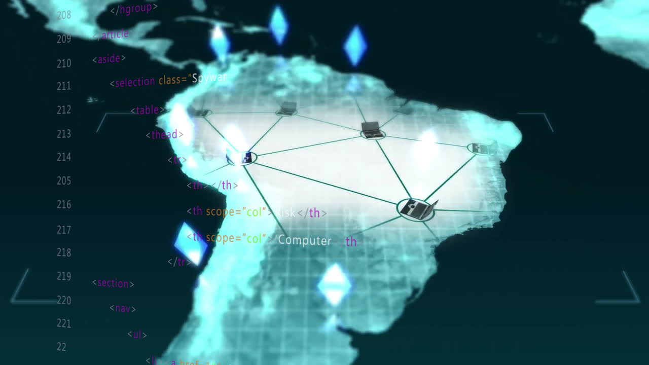 animación de la red de conexiones y procesamiento de datos sobre el mapa de américa del sur