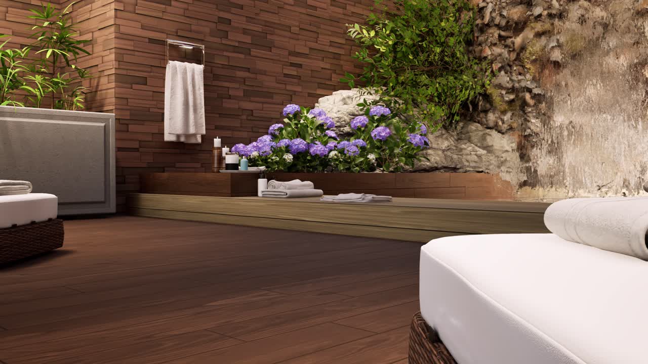spa wellness setting 4 con piscina interior, cascada, flores, toallas, rocas curativas y cremas de tratamiento de spa en superficie de madera, durante el día, animación 3d, tratamiento de salón de spa, relajación